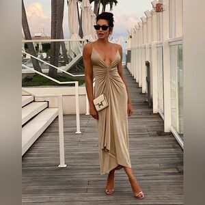 Significant Other Sassari Dress Women's 4 Fawn Deep V-Neck Ruched Tie Closure~